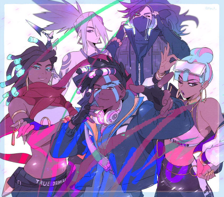 2boys, 3girls, akali, bare_shoulders, beads, belt, black_gloves, black_hair