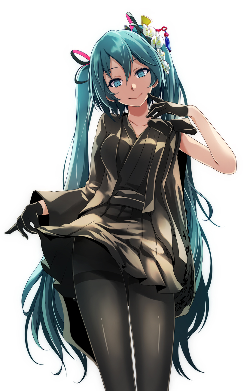 1girl, asymmetrical_sleeves, black_gloves, black_pantyhose, black_ribbon, black_shirt, black_skirt, blue_eyes