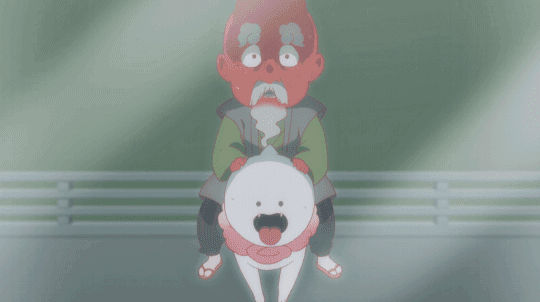 1boy, 1girl, animated, animated_gif, backflip, bare_arms, bare_shoulders, bed, bedroom, black_hair, character_request, floating, full_body, green_eyes, horns, indoors, kyokou_suiri, looking_at_another, looking_outside, scared, shorts, slippers, sweatdrop, tripping, window, traditional_youkai, yumihara_saki