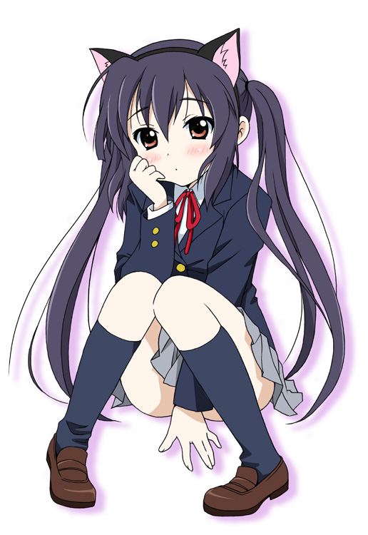 00s, 1girl, animal_ears, black_hair, blazer, blush, brown_eyes, cat_ears