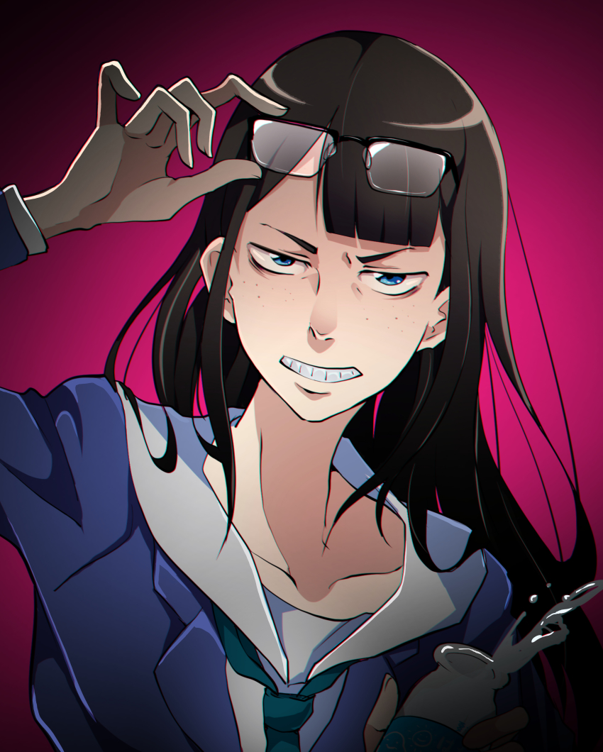 1girl, absurdres, adjusting_eyewear, asymmetrical_bangs, blazer, blue_eyes, bottle, chromatic_aberration