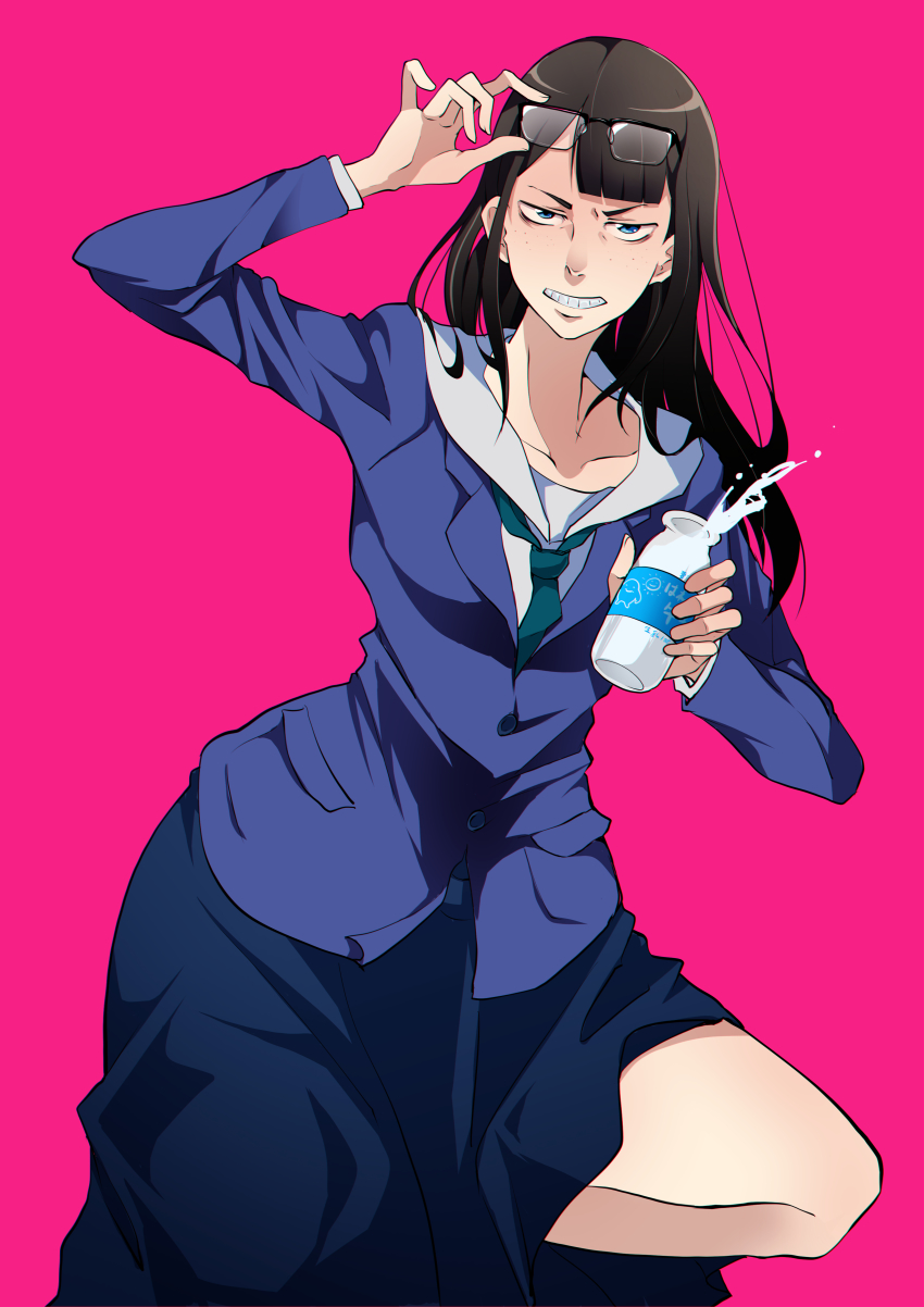 1girl, absurdres, adjusting_eyewear, asymmetrical_bangs, blazer, blue_eyes, blue_skirt, bottle