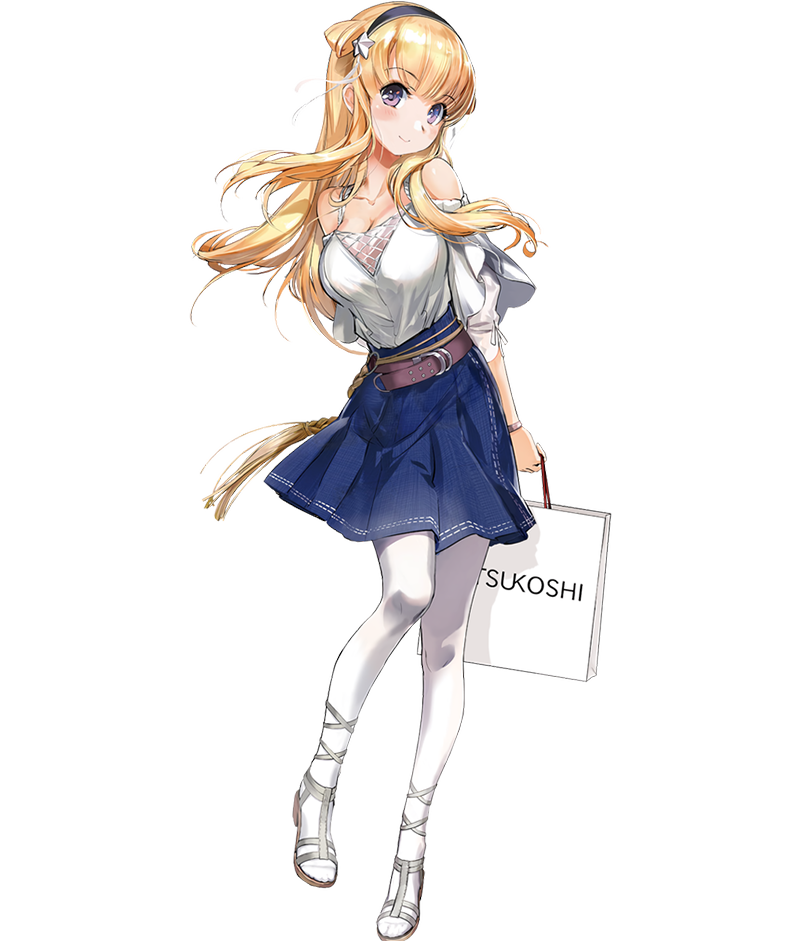 1girl, belt, blonde_hair, blouse, blue_skirt, blush, breasts, casual