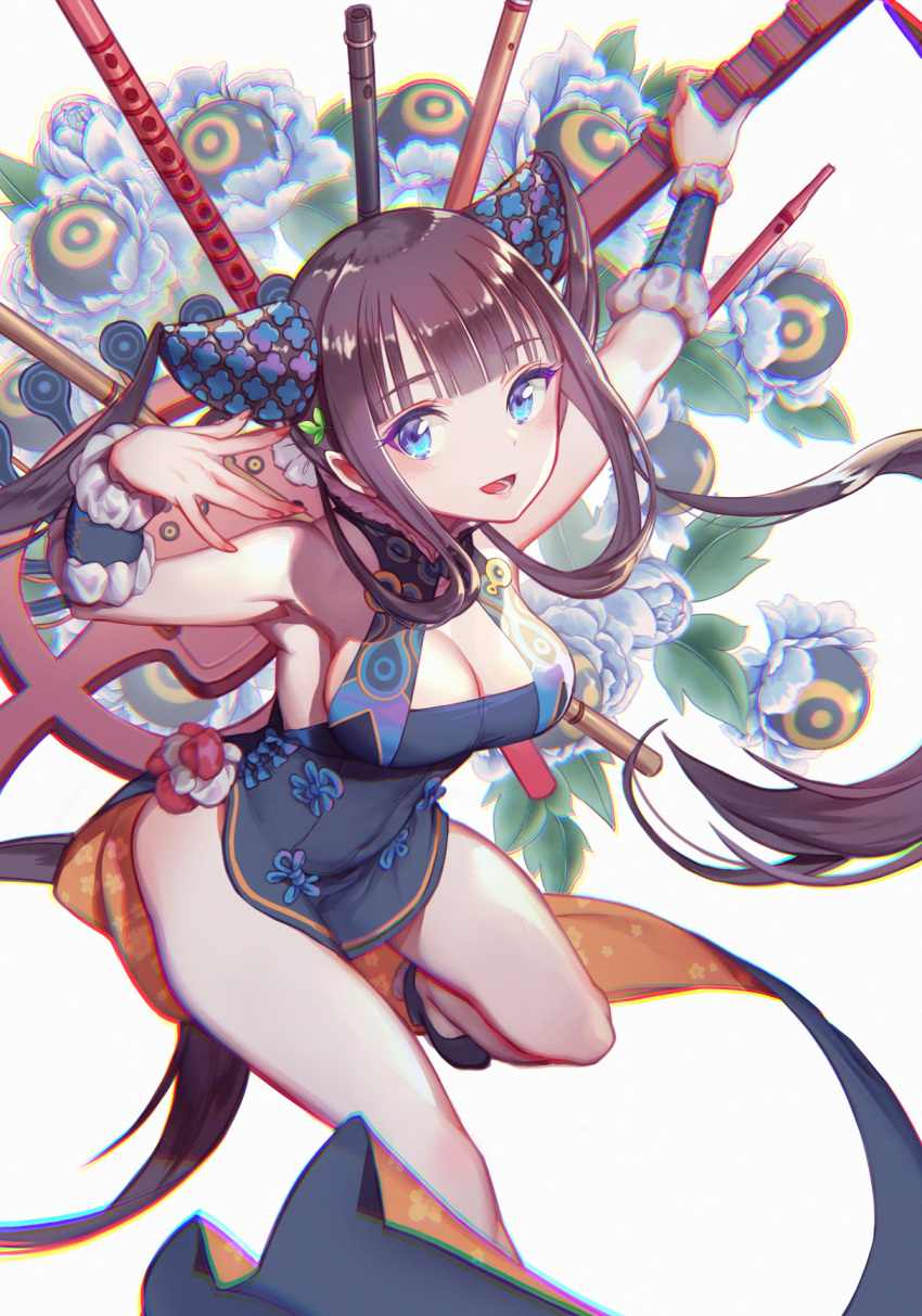 1girl, bare_shoulders, blue_dress, blue_eyes, blue_footwear, blunt_bangs, blush, breasts