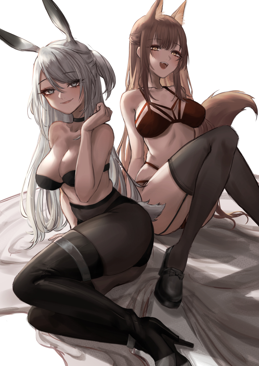 2girls, :d, absurdres, animal_ears, arknights, ass, black_bra, black_footwear