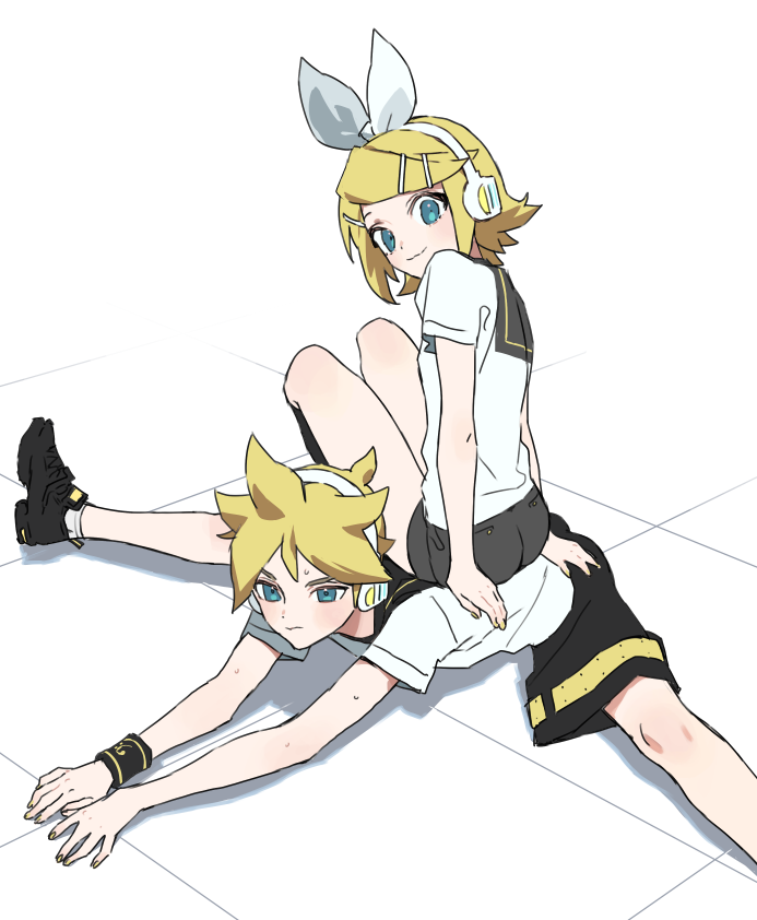 1boy, 1girl, :3, alternate_sleeve_length, black_collar, black_footwear, black_shorts, blonde_hair, blue_eyes, bow, brother_and_sister, collar, full_body, hair_bow, hair_ornament, hairclip, headphones, headset, kagamine_len, kagamine_rin, looking_at_another, lying, nail_polish, naoko_(naonocoto), on_stomach, ponytail, sailor_collar, school_uniform, shirt, shoes, short_hair, short_ponytail, short_shorts, short_sleeves, shorts, siblings, sitting, sitting_on_person, sneakers, spiked_hair, split, spread_legs, sweat, swept_bangs, twins, vocaloid, white_background, white_bow, white_shirt, wristband, yellow_nails