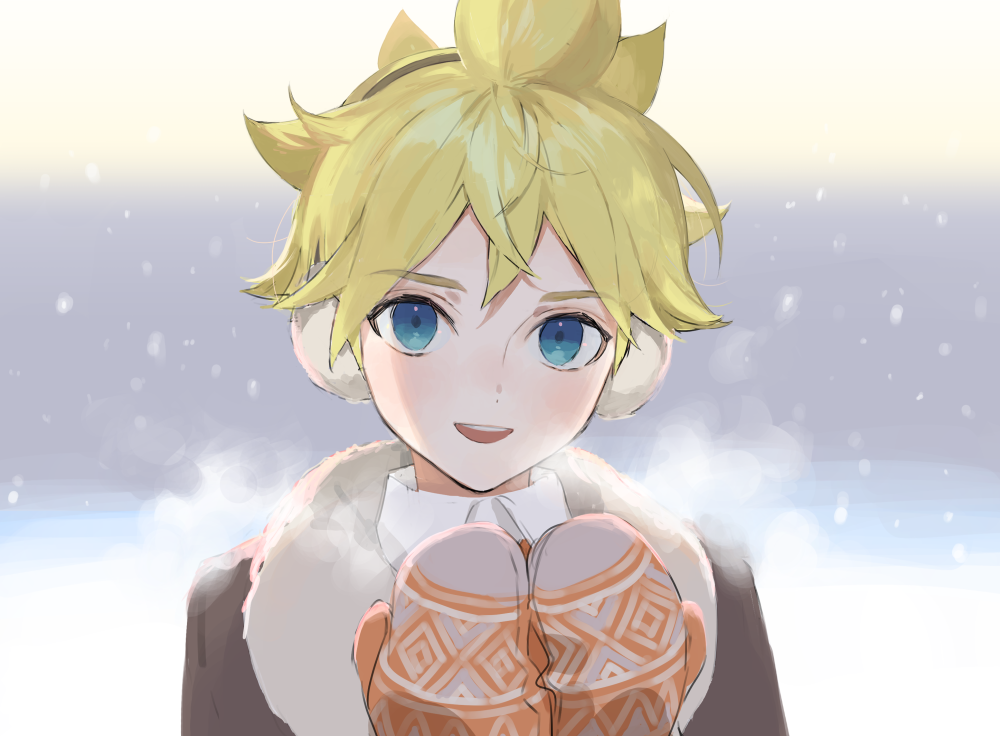 1boy, blonde_hair, blue_eyes, brown_coat, coat, earmuffs, fur-trimmed_coat, fur_trim, hands_up, kagamine_len, looking_at_viewer, male_focus, mittens, naoko_(naonocoto), open_mouth, orange_mittens, outdoors, own_hands_together, smile, snowing, spiked_hair, upper_body, vocaloid