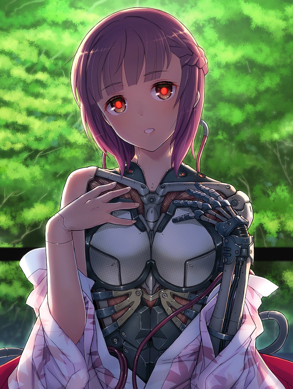 1girl, android, android_girl_aki, android_girl_kotomi, braid, brown_eyes, brown_hair, cable