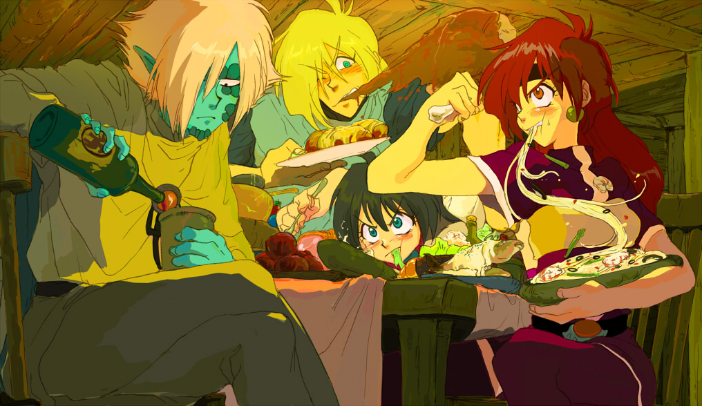 2boys, 2girls, alcohol, amelia_wil_tesla_seyruun, bad_id, bad_pixiv_id, belt, black_hair