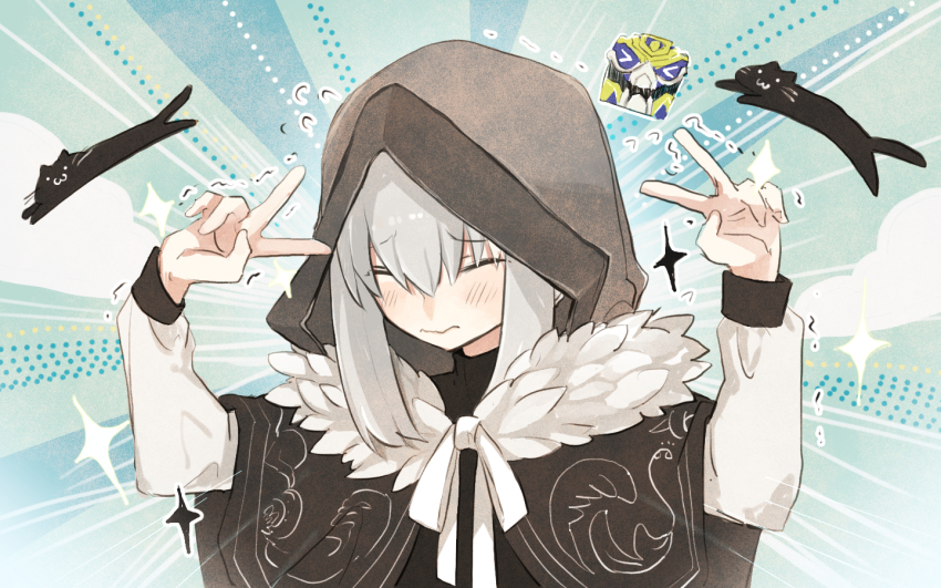 >_<, 1girl, add_(fate), black_capelet, black_cat, blue_background, blush, breasts