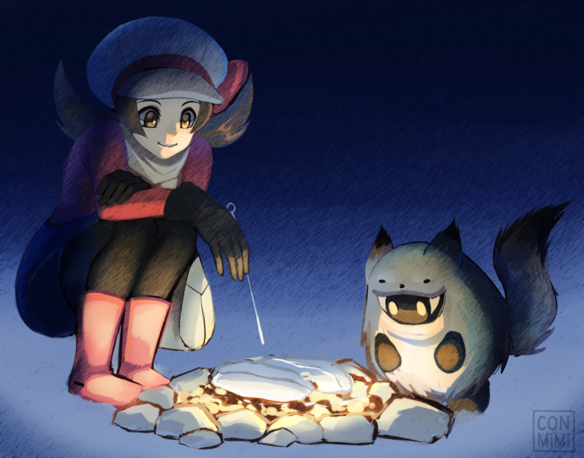 bag, beta_pokemon, black_gloves, blue_background, boots, brown_eyes, brown_hair, closed_mouth