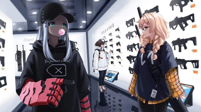 3girls, ahoge, backpack, bag, barcode, barcode_tattoo, baseball_cap, blonde_hair