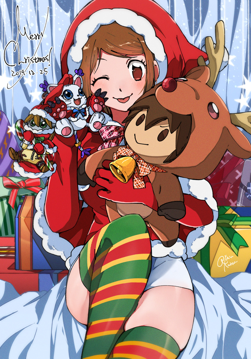 absurdres, aioka_(aichiu_kuchiu), blush, breasts, brown_eyes, brown_hair, character_doll, christmas, commentary_request, dated, digimon, digimon_(creature), digimon_adventure, digimon_adventure_02, doll, english_text, gloves, hat, highres, huge_filesize, looking_at_viewer, red_hat, santa_hat, short_hair, smile, striped_clothes, striped_thighhighs, tailmon, thighhighs, wizarmon, yagami_hikari, yagami_taichi