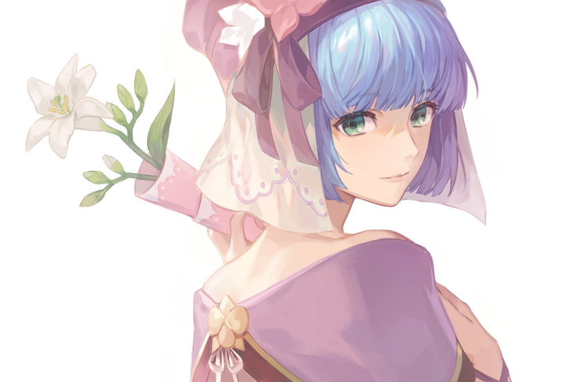 1girl, absurdres, blue_hair, closed_mouth, female_focus, fire_emblem, fire_emblem_echoes:_shadows_of_valentia, fire_emblem_heroes, flower, from_side, green_eyes, hakou_(barasensou), hat, highres, looking_to_the_side, nintendo, short_hair, silque_(fire_emblem), silque_(valentine)_(fire_emblem), simple_background, solo, upper_body, white_background