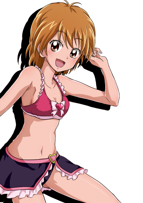 1girl, adapted_costume, bikini, bikini_skirt, black_bikini, black_skirt, blush, bow, breasts, brooch, brown_eyes, brown_hair, collarbone, cure_black, female_focus, futari_wa_precure, futari_wa_precure_max_heart, happy, heart, heart_brooch, jewelry, looking_at_viewer, medium_breasts, misumi_nagisa, navel, nita_(onakatohoppe), precure, red_bikini, short_hair, skirt, smile, solo, swimsuit, white_background