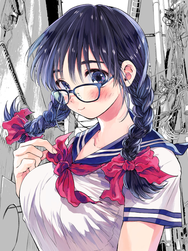 1girl, acchi_ai, blue_eyes, blush, braid, breasts, calligraphy_brush_(medium), comic, female_focus, glasses, hair_ornament, hair_ribbon, large_breasts, nib_pen_(medium), original, pen_(medium), ribbon, school_uniform, serafuku, solo, traditional_media, twin_braids, twintails