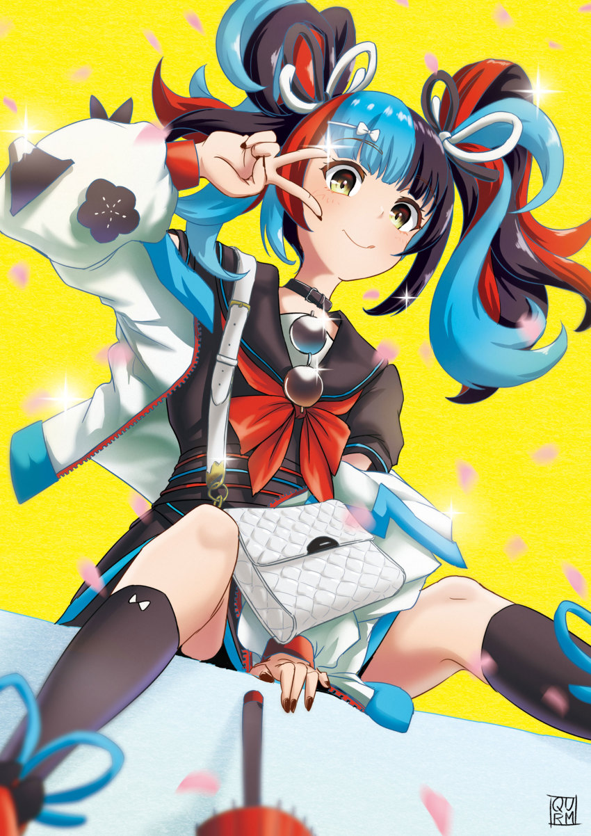 1girl, :q, absurdres, bag, black_hair, black_nails, black_socks, blue_hair