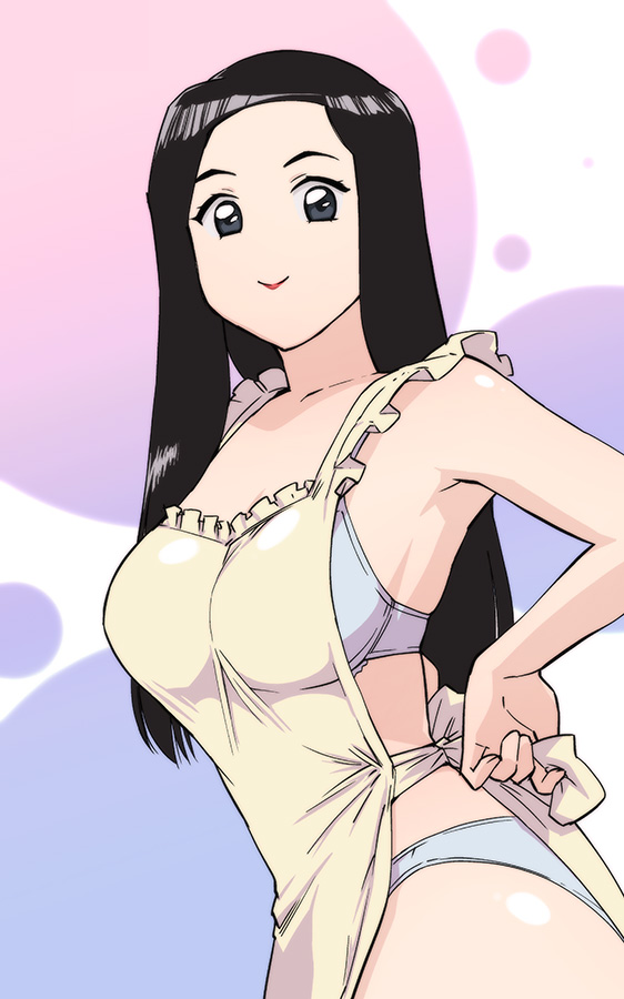 1girl, apron, black_hair, bra, breasts, character_request, closed_mouth, commentary_request, female_focus, large_breasts, long_hair, looking_at_viewer, minna_no_uta_(nhk), nearly_naked_apron, panties, retro_artstyle, solo, ueyama_michirou, underwear