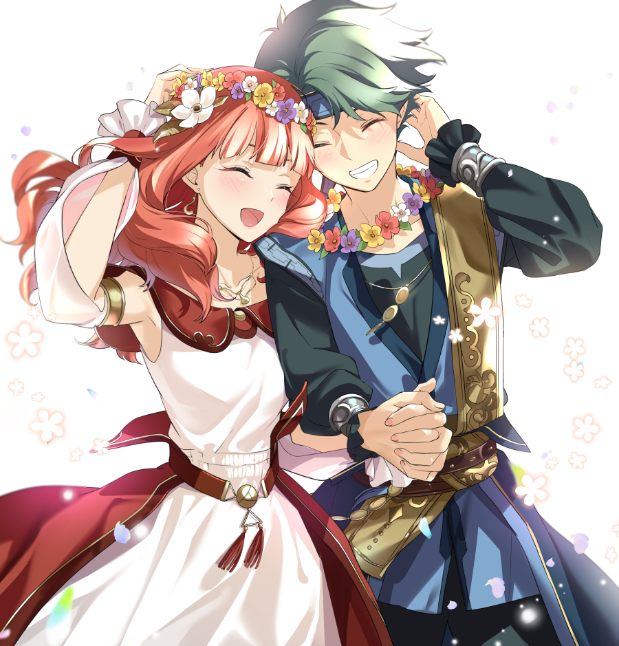 1boy, 1girl, alm_(fire_emblem), alm_(valentine)_(fire_emblem), armlet, blue_headband, celica_(fire_emblem), celica_(valentine)_(fire_emblem)