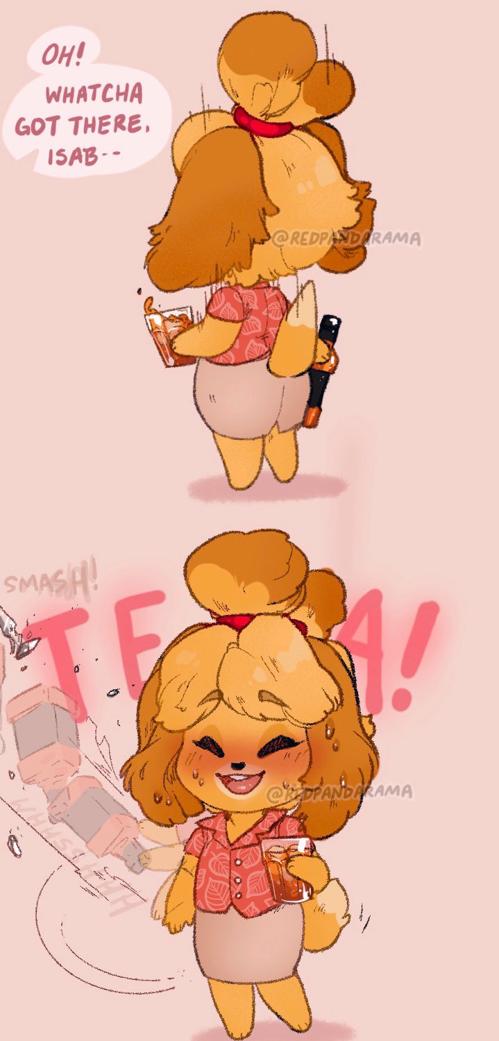 1girl, afterimage, alcohol, animal_crossing, animal_crossing:_new_horizons, back, blush, bottle, cup, dog_girl, dog_tail, drinking_glass, english_text, furry, furry_female, hawaiian_shirt, highres, isabelle_(animal_crossing), leaf_print, nintendo, open_mouth, redpandarama, round_teeth, shirt, skirt, smile, speech_bubble, sweat, tail, teeth, throwing, whiskey, white_skirt