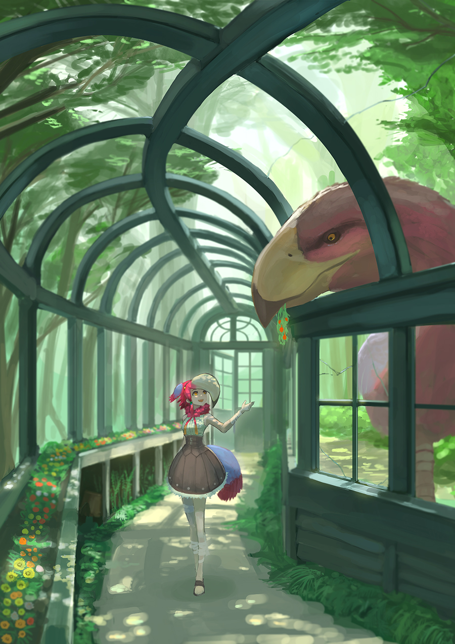 1girl, animal, arm_at_side, bandaged_arm, bandaged_leg, bandages, bare_shoulders, bird