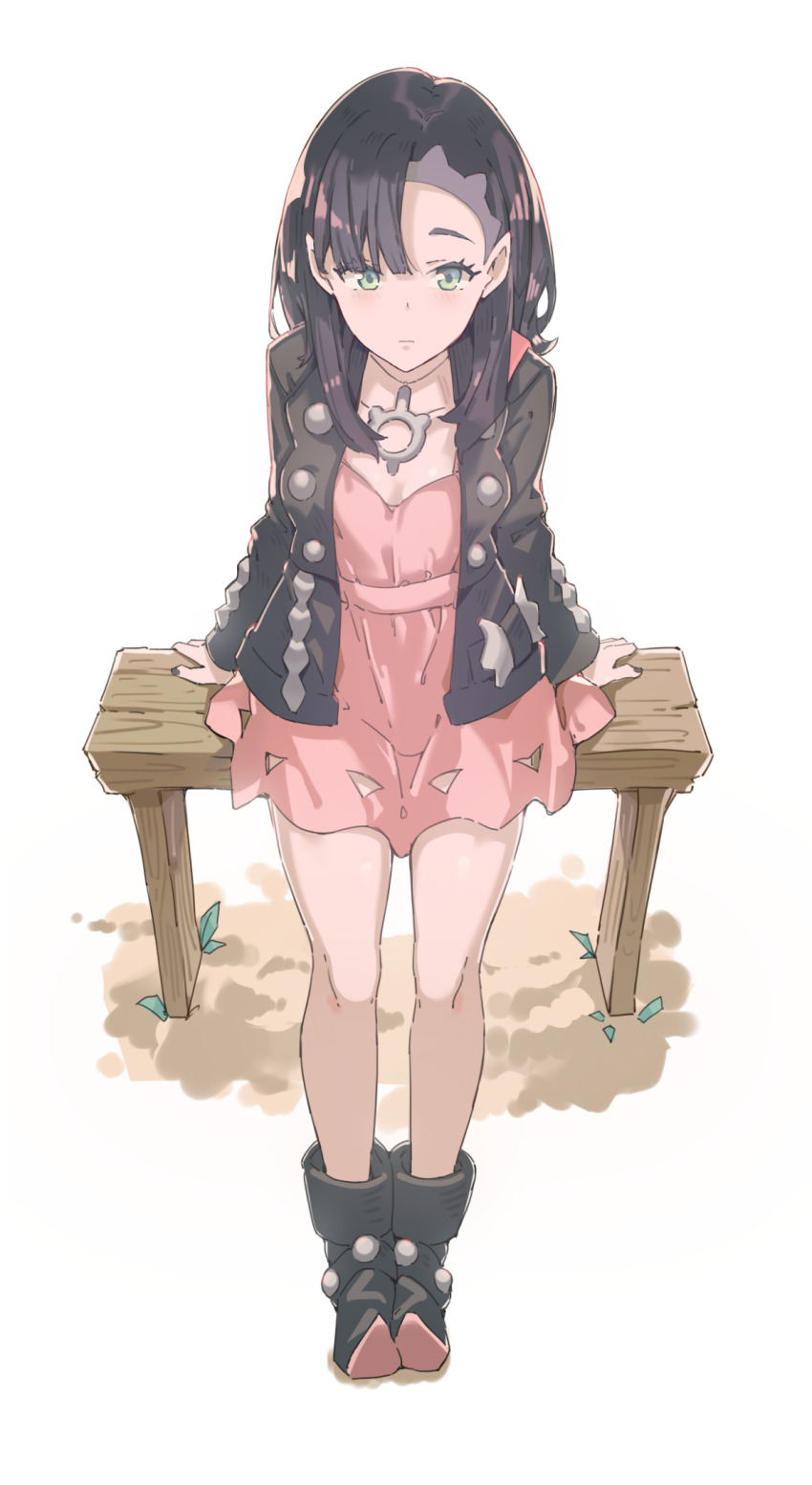 1girl, alternate_hairstyle, ankle_boots, asymmetrical_bangs, bare_legs, black_boots, black_hair, black_jacket