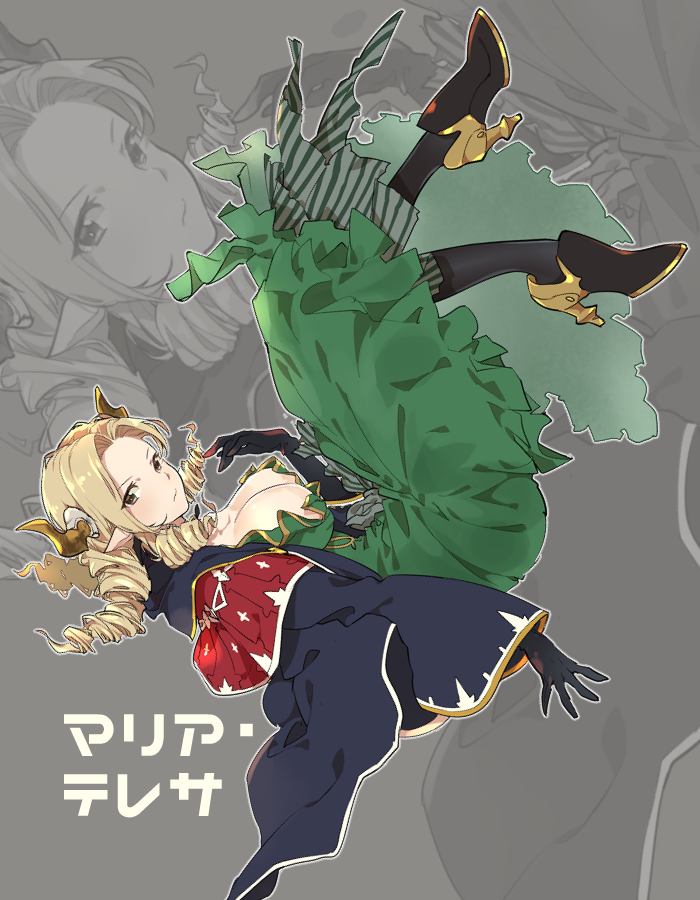 1girl, black_gloves, black_pantyhose, blonde_hair, breasts, brown_eyes, character_name, cleavage