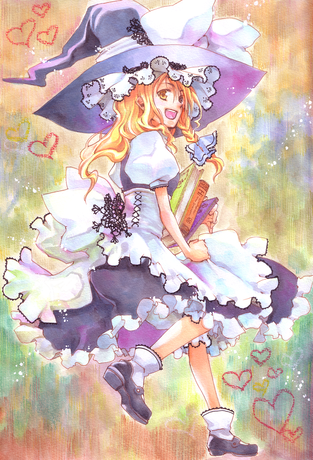 1girl, bad_id, bad_pixiv_id, blonde_hair, book, braid, female_focus, full_body