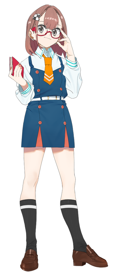 1girl, belt, black_eyes, black_socks, book, brown_hair, brown_shoes, closed_mouth, collared_shirt, dress, earrings, female_focus, full_body, glasses, head_tilt, hitomi_chris, holding, holding_book, hololive, jewelry, kneehighs, loafers, long_sleeves, looking_at_viewer, machi_(wm), necktie, official_art, orange_necktie, red-framed_eyewear, semi-rimless_eyewear, shirt, shoes, socks, solo, standing, transparent_background, under-rim_eyewear, virtual_youtuber, white_shirt, wing_collar