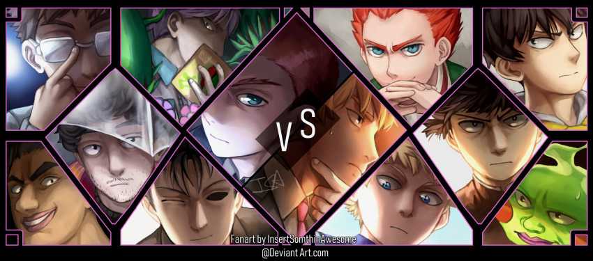 6+boys, absurdres, adjusting_eyewear, artist_name, black_border, black_hair, blonde_hair, blue_eyes