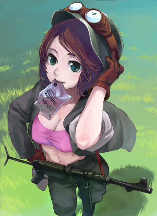 bad_id, bad_pixiv_id, brown_hair, english_text, gloves, goggles, green_eyes, gun