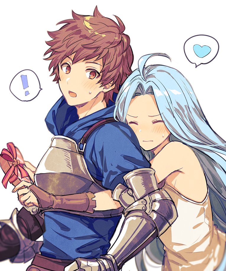 !, 1boy, 1girl, ahoge, armor, blue_hair, blue_hoodie, blush