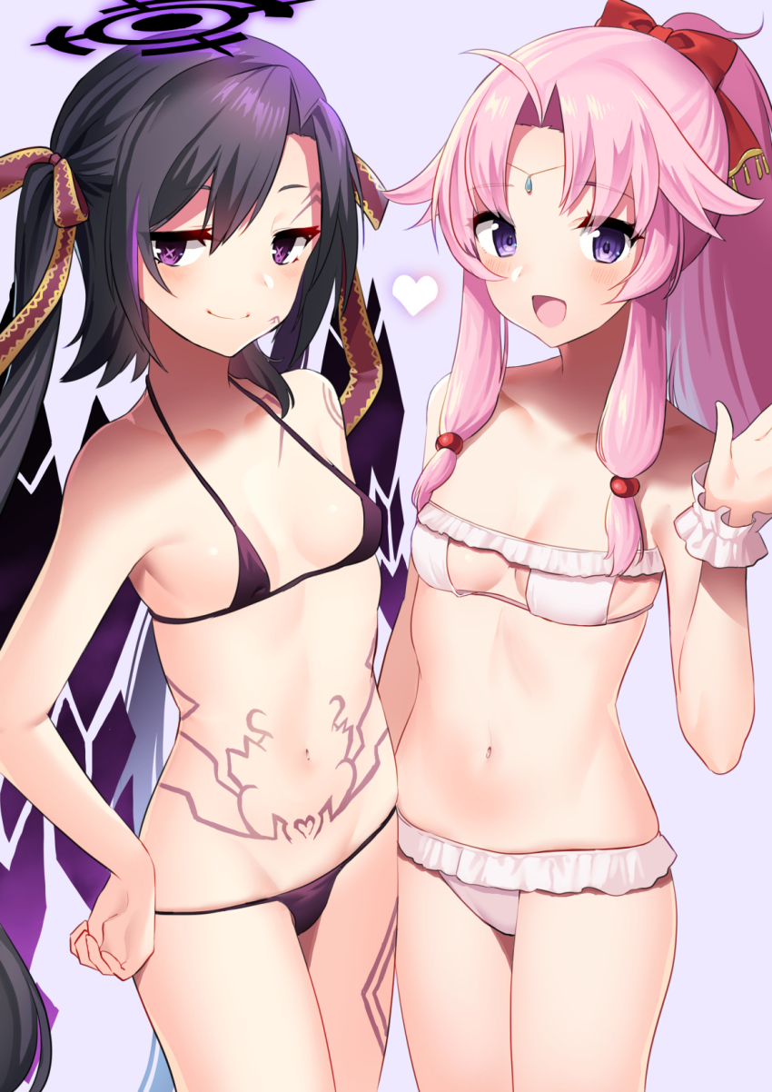 +_+, 2girls, :d, akagi_kurage, bikini, black_bikini, black_hair, blush