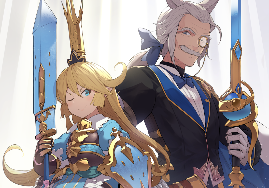 1boy, 1girl, animal_ears, armor, blonde_hair, blue_bow, blue_eyes, bow, bowtie, breastplate, charlotta_(granblue_fantasy), erune, facial_hair, granblue_fantasy, harvin, hinami_(hinatamizu), holding, holding_sword, holding_weapon, long_hair, monocle, mustache, one_eye_closed, pointy_ears, ponytail, sevastien_(granblue_fantasy), smile, sword, tall_crown, upper_body, weapon, white_eyes, white_hair