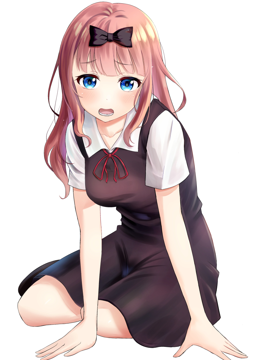1girl, absurdres, arm_support, bad_id, bad_pixiv_id, black_dress, black_footwear, blouse, blue_eyes, collarbone, commentary_request, dress, female_focus, fujiwara_chika, hair_ribbon, hands_on_ground, highres, jirozero0914, kaguya-sama_wa_kokurasetai_~tensai-tachi_no_renai_zunousen~, long_hair, looking_at_viewer, lower_teeth_only, neck_ribbon, open_mouth, pinafore_dress, pink_hair, red_ribbon, ribbon, school_uniform, shirt, short_sleeves, shuuchiin_academy_school_uniform, simple_background, sitting, sleeveless, sleeveless_dress, solo, tareme, teeth, white_background, white_shirt, yokozuwari