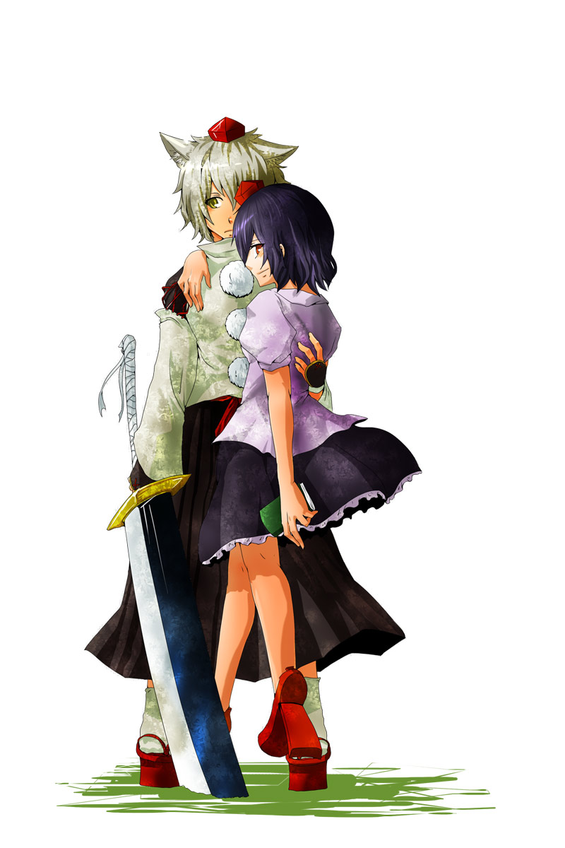 2girls, animal_ears, black_hair, book, colorized, female_focus, geta, haruichi_(sazanami_complex)