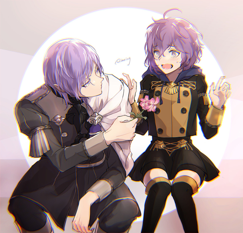 1boy, 1girl, bernadetta_von_varley, bike_shorts, fire_emblem, fire_emblem:_three_houses, flower, garreg_mach_monastery_uniform