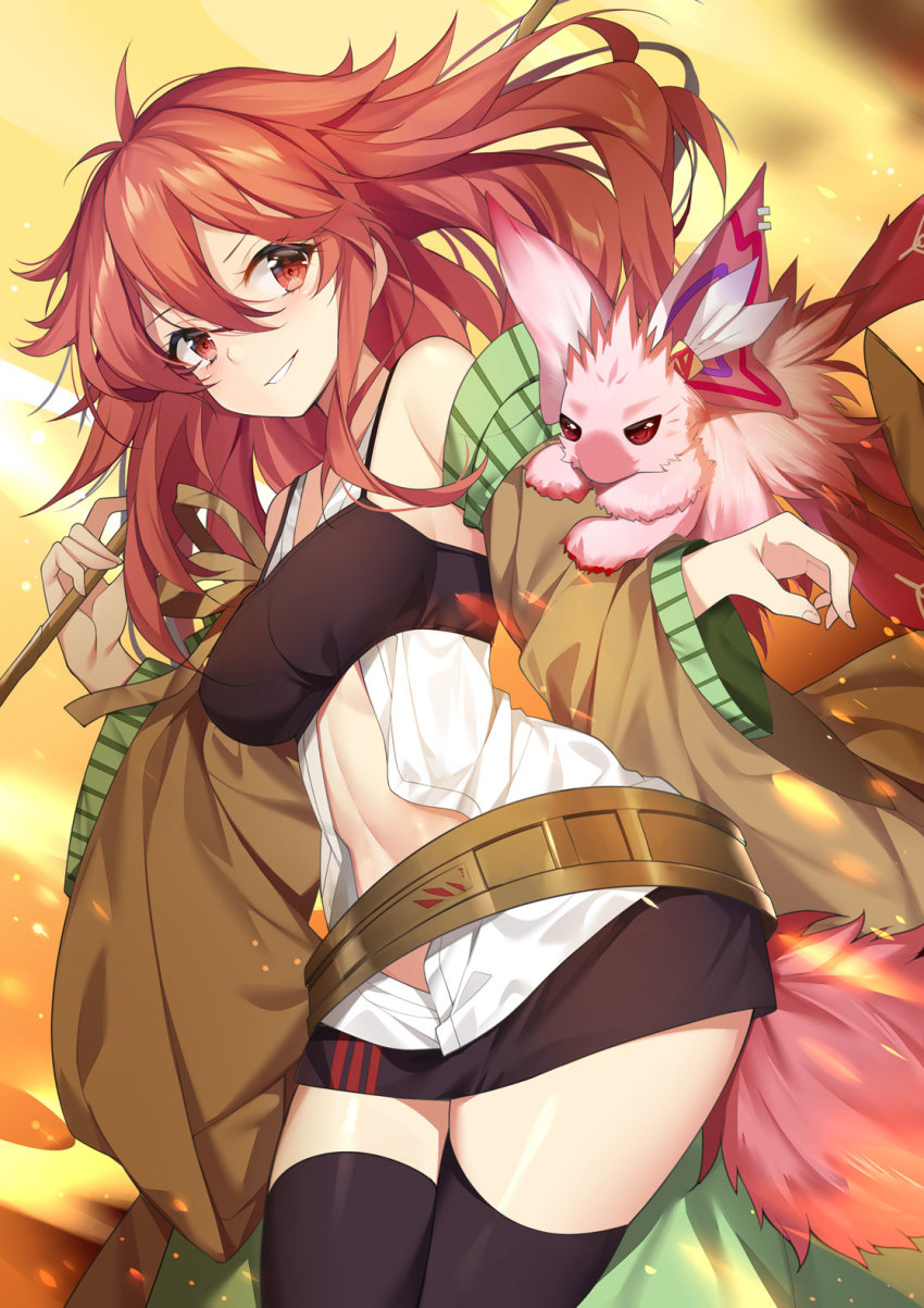 1girl, bare_shoulders, belt, blush, breasts, brown_belt, duel_monster, highres, hiita, hiita_(yu-gi-oh!), hiita_the_fire_charmer_ablaze, kikistark, large_breasts, long_hair, navel, red_eyes, red_hair, sideboob, skirt, staff, thighhighs, wide_sleeves, yu-gi-oh!