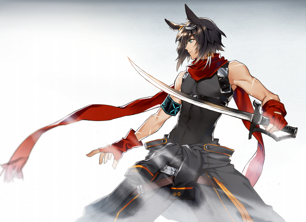 1boy, animal_ears, arknights, armband, black_hair, blue_eyes, clothes_around_waist, courier_(arknights), courier_(elite_ii)_(arknights), fighting_stance, fingerless_gloves, gloves, goggles, goggles_on_head, holding, holding_sword, holding_weapon, jacket, jacket_around_waist, looking_to_the_side, male_focus, mibu_(1064493753), pants, red_gloves, red_scarf, scar, scarf, simple_background, sleeveless, solo, standing, sword, weapon, white_background