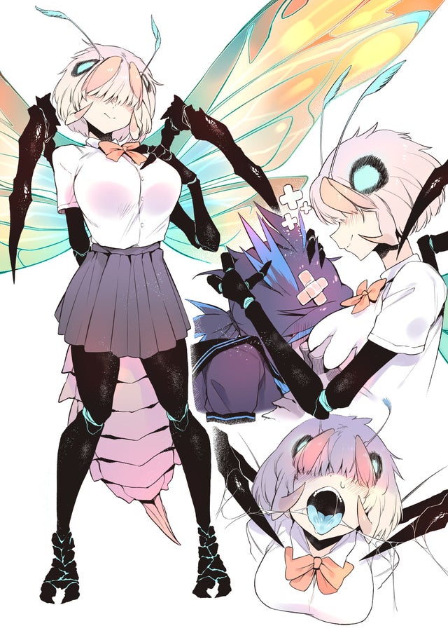 2girls, arthropod_girl, bandages, between_breasts, bow, bowtie, breasts, commentary, duplicate, godzilla, godzilla:_king_of_the_monsters, godzilla_(series), grabbing_another's_breast, groping, hair_over_eyes, head_between_breasts, hug, insect_girl, insect_wings, kaiju, karasu_raven, large_breasts, legendary_pictures, mandibles, monster_girl, monsterverse, moth_girl, moth_wings, mothra, multicolored_hair, multiple_girls, open_mouth, personification, saliva, school_uniform, skindentation, smile, stinger, toho, two-tone_hair, wings, yuri