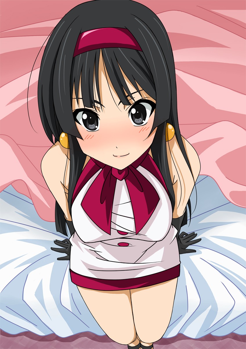 00s, 1girl, akiyama_mio, bare_shoulders, bed, black_hair, blunt_bangs, blush, earrings, female_focus, from_above, fuwafuwa_time, gloves, grey_eyes, hairband, highres, hime_cut, jewelry, k-on!, lipstick, long_hair, looking_up, makeup, mod_fashion, moeshino, naughty_face, open_\m/, sitting, smile, solo