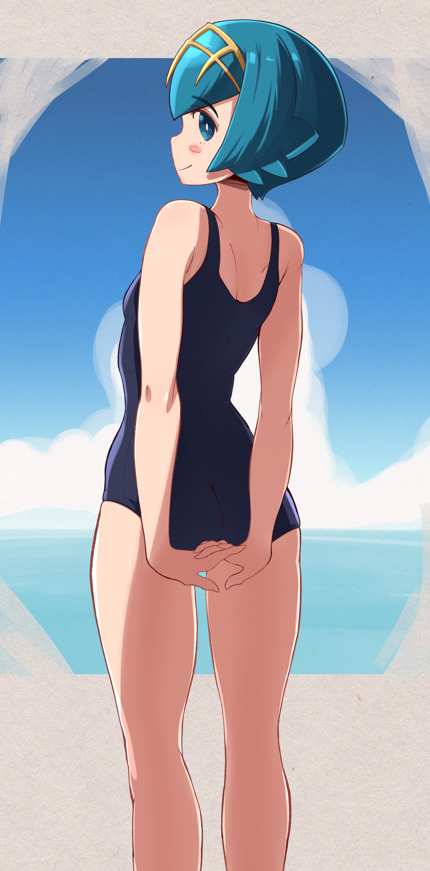 1girl, absurdres, arms_behind_back, ass, back, blue_eyes, blue_hair, blue_one-piece_swimsuit, blush, breasts, cloud, day, female_focus, from_behind, hairband, highres, huge_filesize, lana_(pokemon), looking_at_viewer, looking_back, melonyogurt, nintendo, ocean, one-piece_swimsuit, pokemon, pokemon_sun_and_moon, school_swimsuit, short_hair, small_breasts, smile, solo, swimsuit