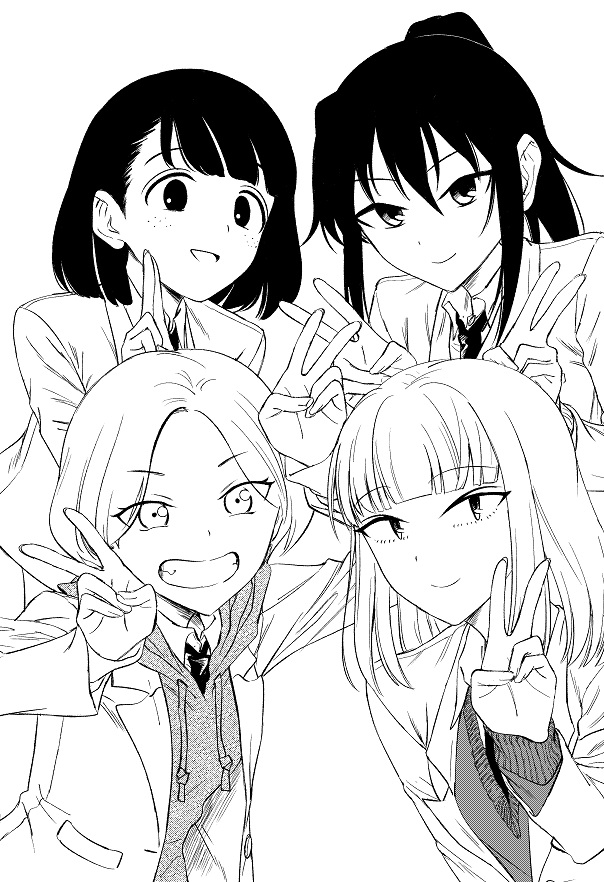 4girls, black_hair, blazer, freckles, greyscale, jacket, katou_asuka, kusunoki_kaho