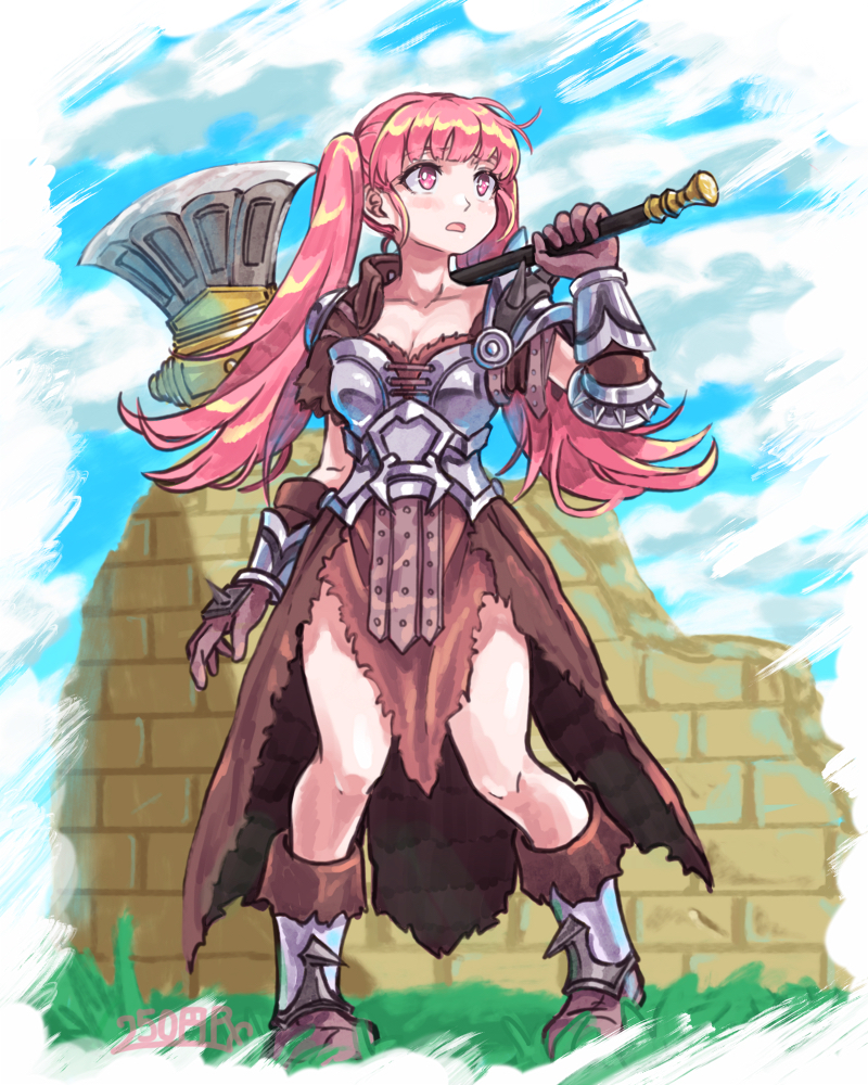 1girl, 250en_remon, armor, armored_boots, artist_name, axe, boots, breasts, broken_wall, cleavage, cloud, cloudy_sky, collarbone, day, female_focus, fire_emblem, fire_emblem:_three_houses, full_body, gloves, grass, hilda_valentine_goneril, holding, holding_axe, holding_weapon, long_hair, matching_hair/eyes, medium_breasts, nintendo, open_mouth, outdoors, over_shoulder, pink_eyes, pink_hair, sky, solo, spiked_boots, spiked_gloves, standing, torn_clothes, twintails, vambraces, waist_cape, weapon, weapon_over_shoulder