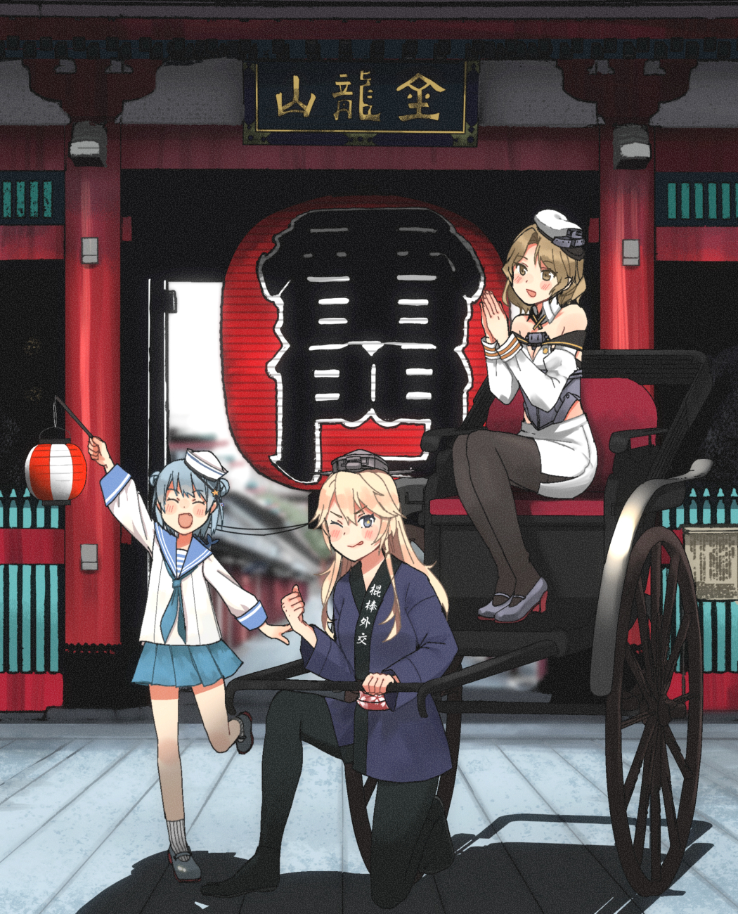 3girls, :q, alternate_costume, annin_musou, bad_id, bad_pixiv_id, black_legwear, blonde_hair