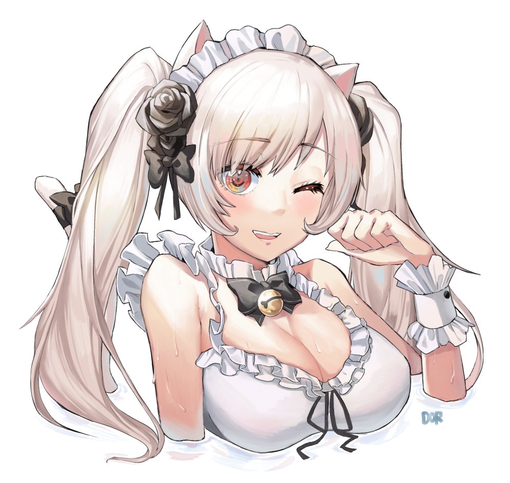 1girl, animal_ears, bad_id, bad_twitter_id, bare_shoulders, bell, black_bow, black_neckwear