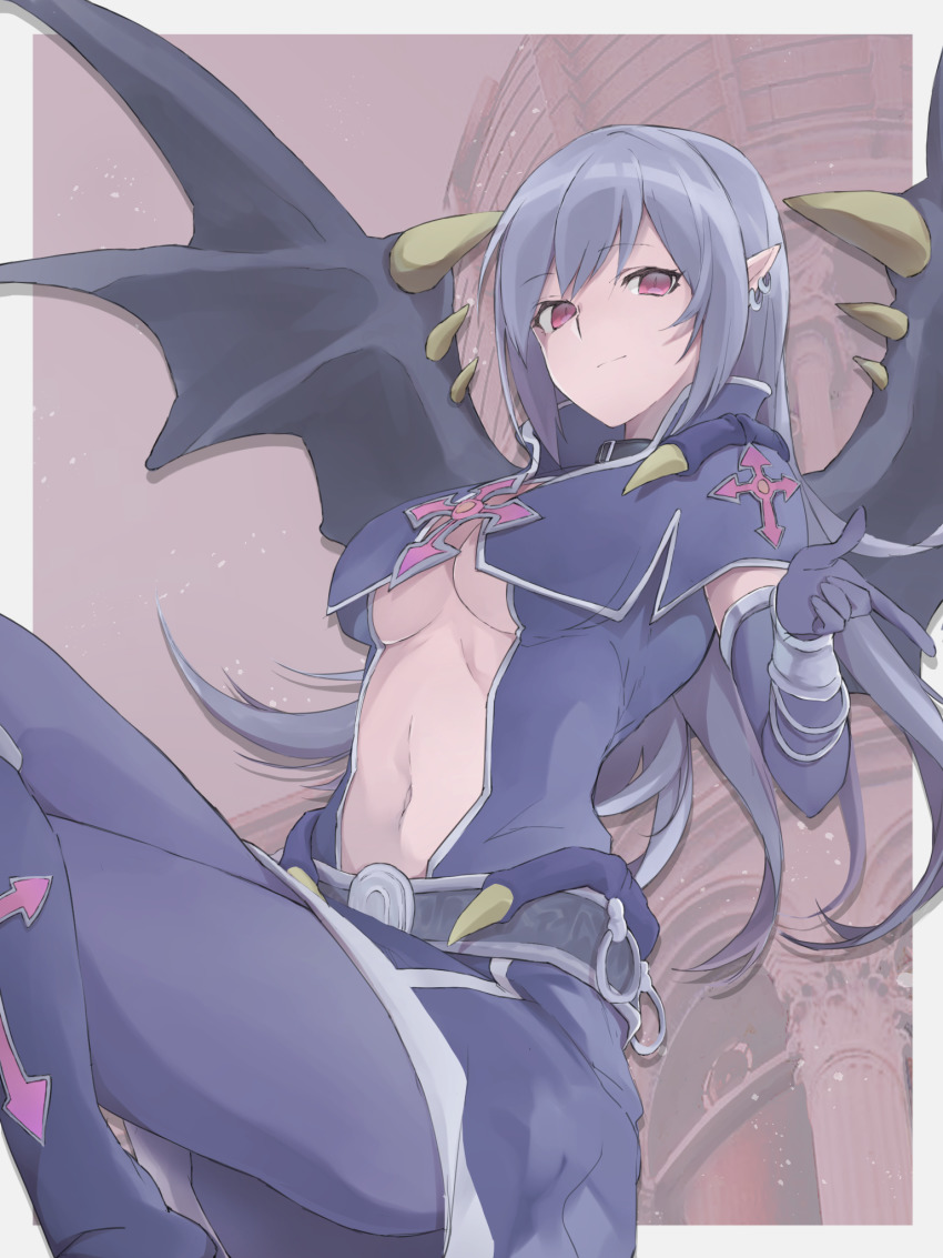 1girl, bat_wings, belt, black_collar, boots, border, bracelet, breasts