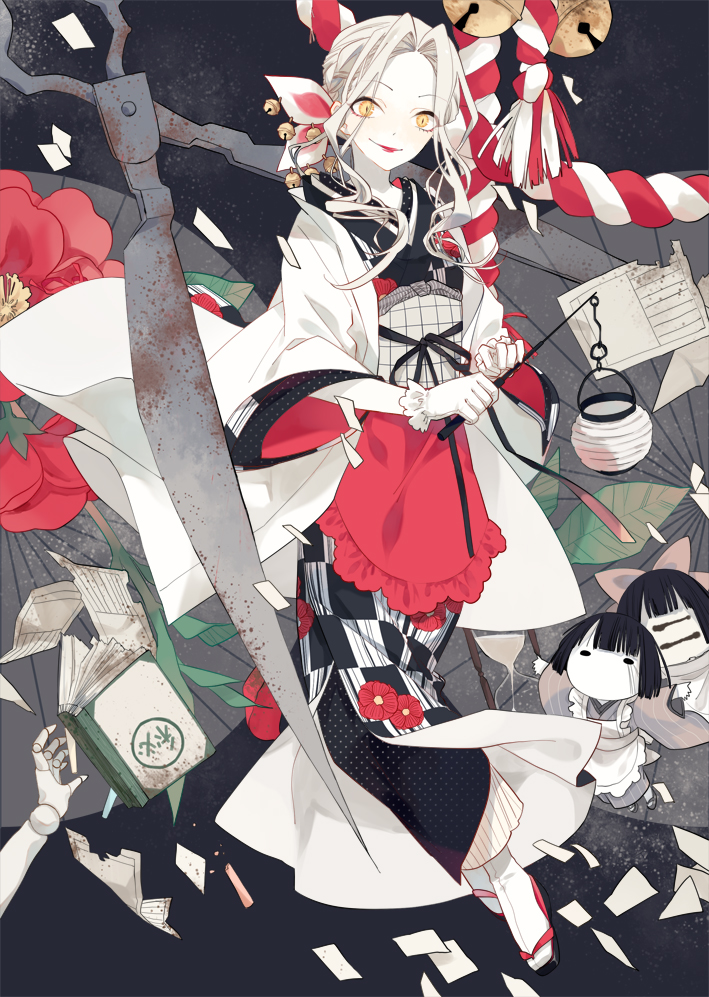 1girl, apron, bell, diary, doll, flower, gloves, grey_hair, japanese_clothes, jibaku_shounen_hanako-kun, kimono, lantern, lilee_(llaynie), lips, long_hair, paper_lantern, scissors, tabi, white_gloves, white_legwear, yako_(jibaku_shounen_hanako-kun), yellow_eyes