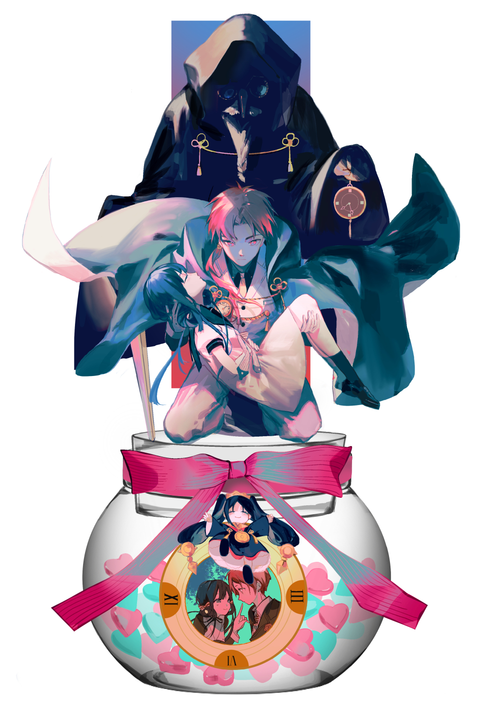 2boys, 2girls, akane_aoi, aoi_akane, black_hair, blue_hair, cape, carrying