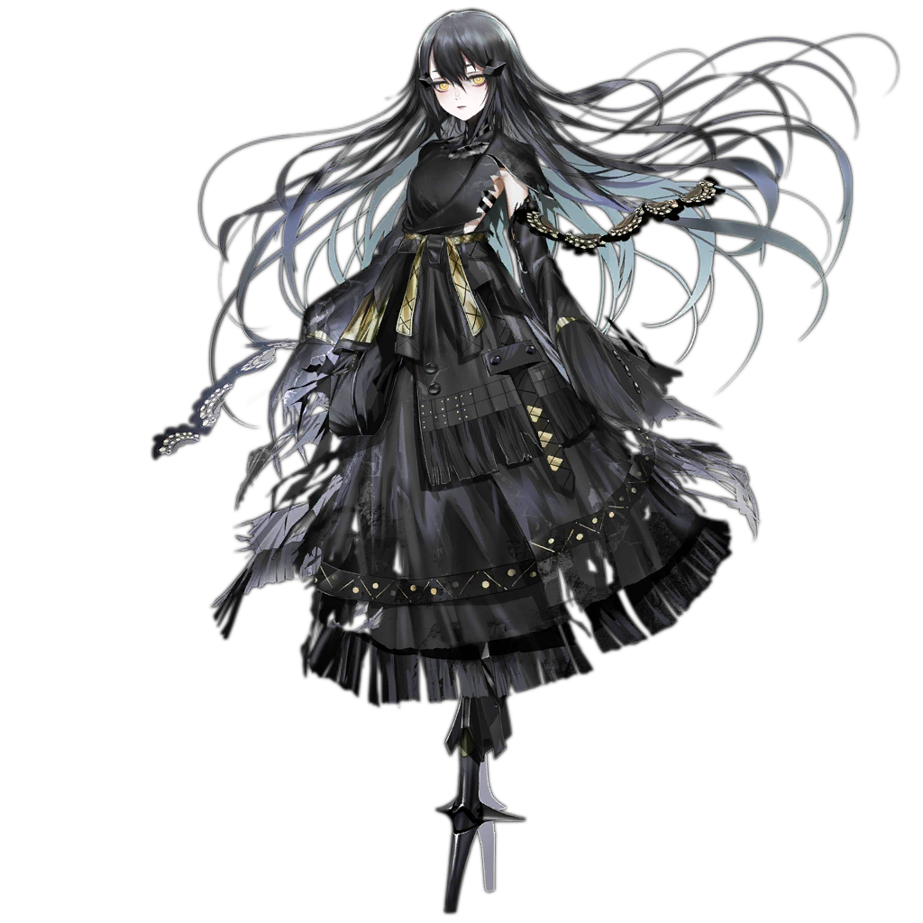1girl, artist_request, black_dress, black_hair, detached_sleeves, dress, empty_eyes, expressionless
